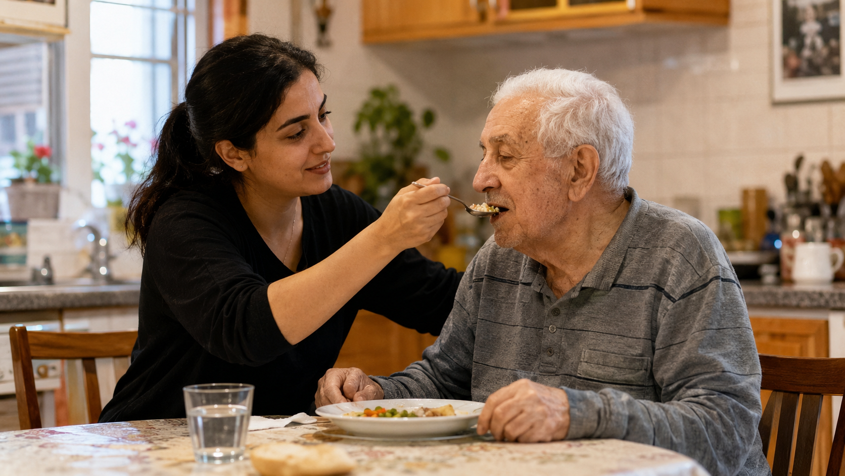 מטפלת מסייעת לקשיש לאכול בישיבה זקופה ובקצב מותאם למניעת אספירציה