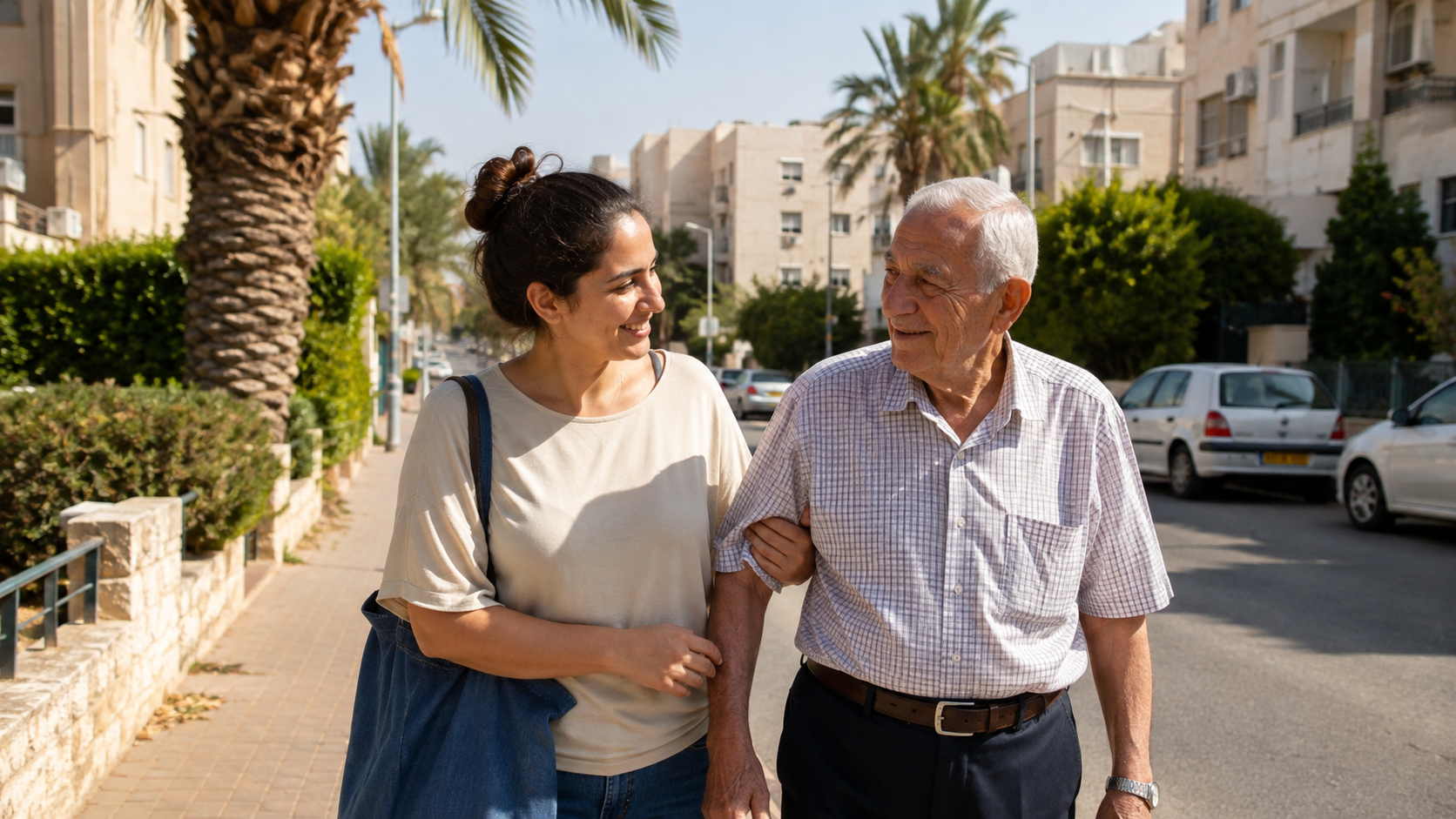 מטפלת מלווה קשיש בהליכה ברחוב שכונתי באזור הקריות