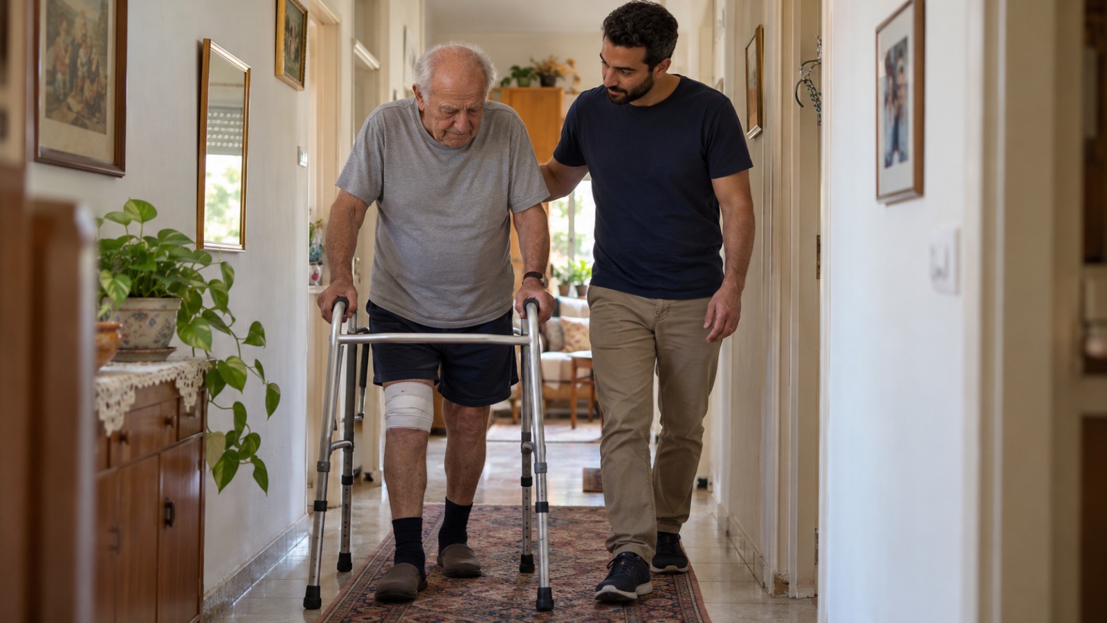 מנותח אחרי החלפת ברך הולך עם הליכון במסדרון ביתו בליווי מטפלת